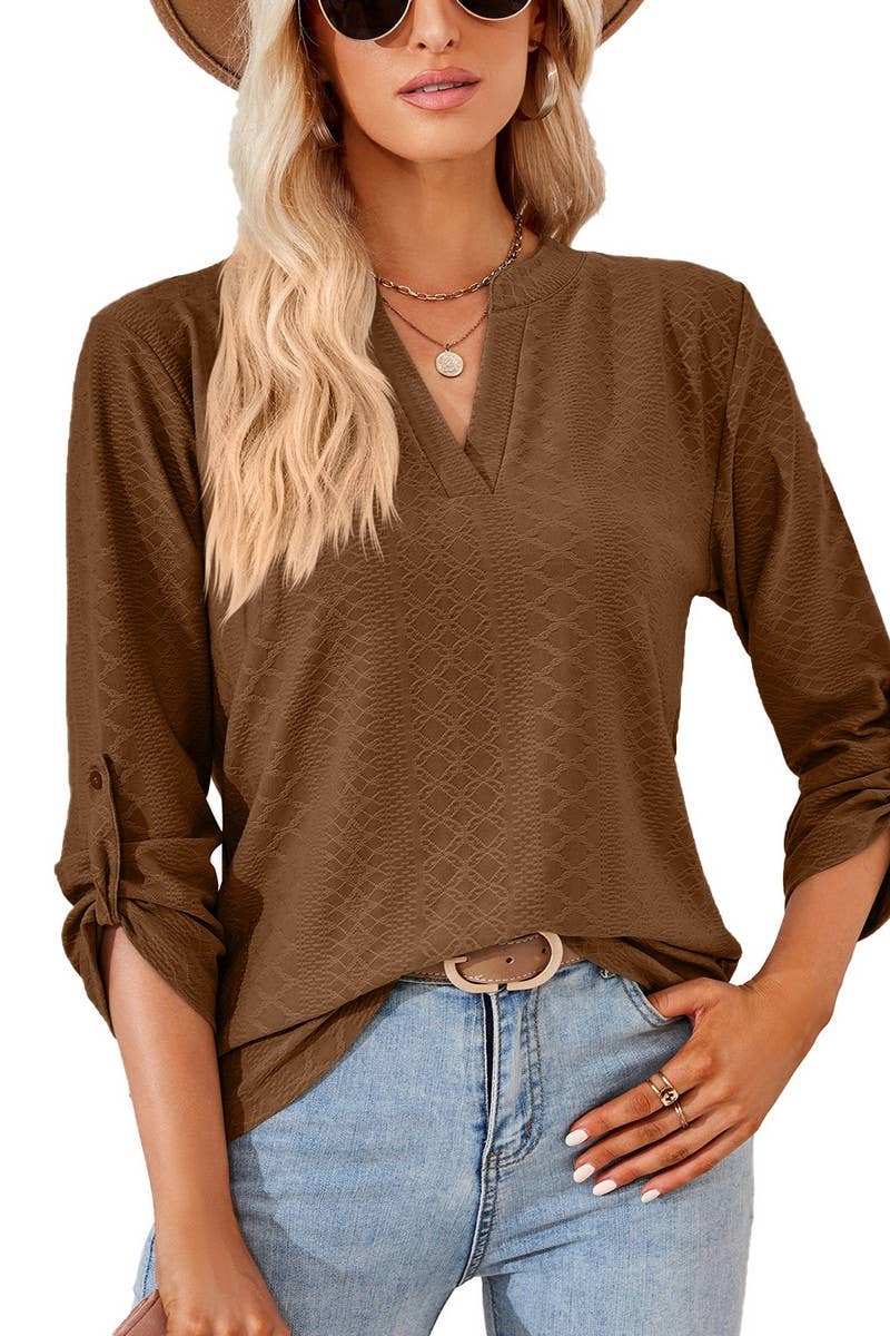 CWTBLL2375_SOLID COLOR V-NECK THREE-QUARTER SLEEVE TOP