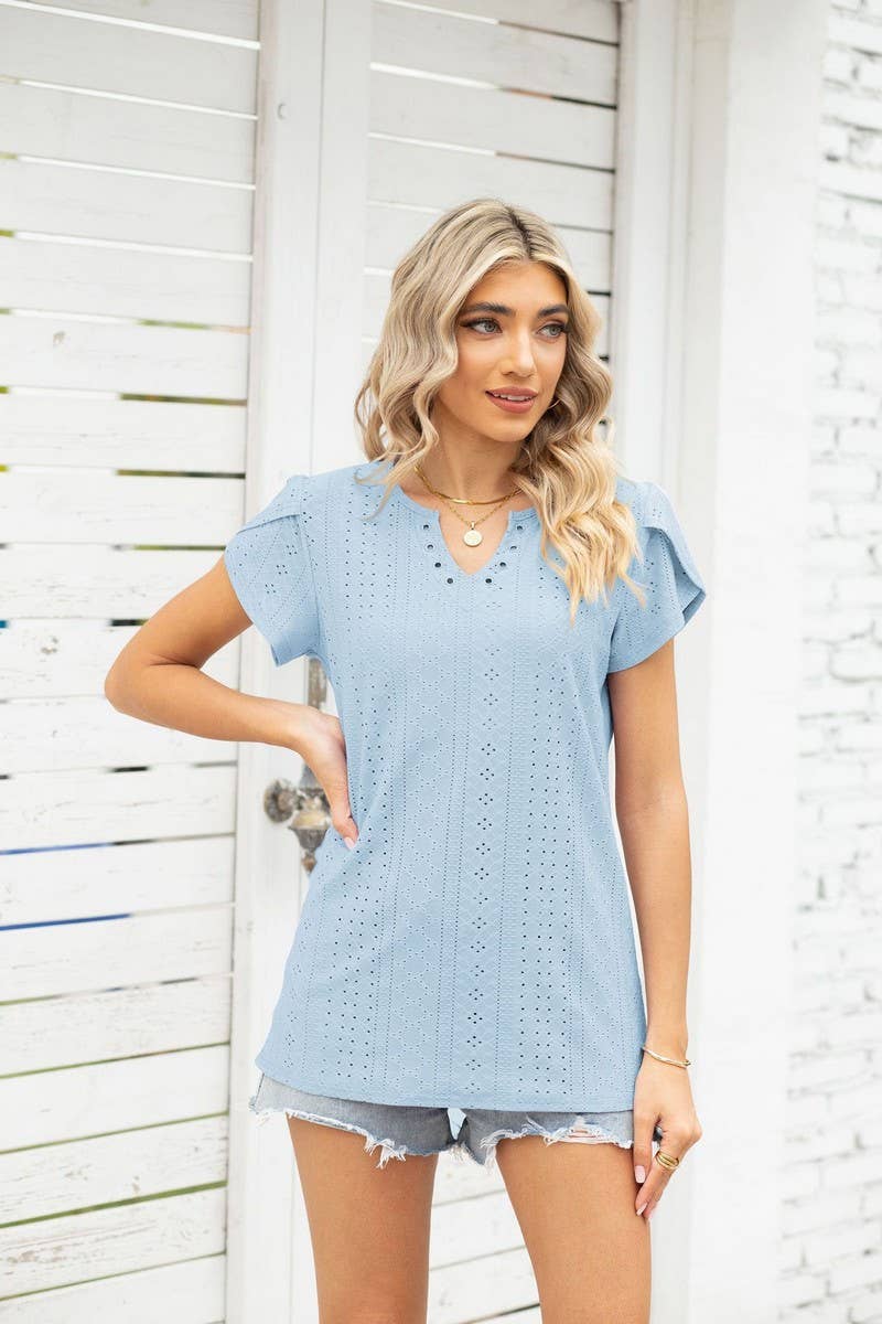 CWTTS0866_V-Neck Short Sleeve Blouse