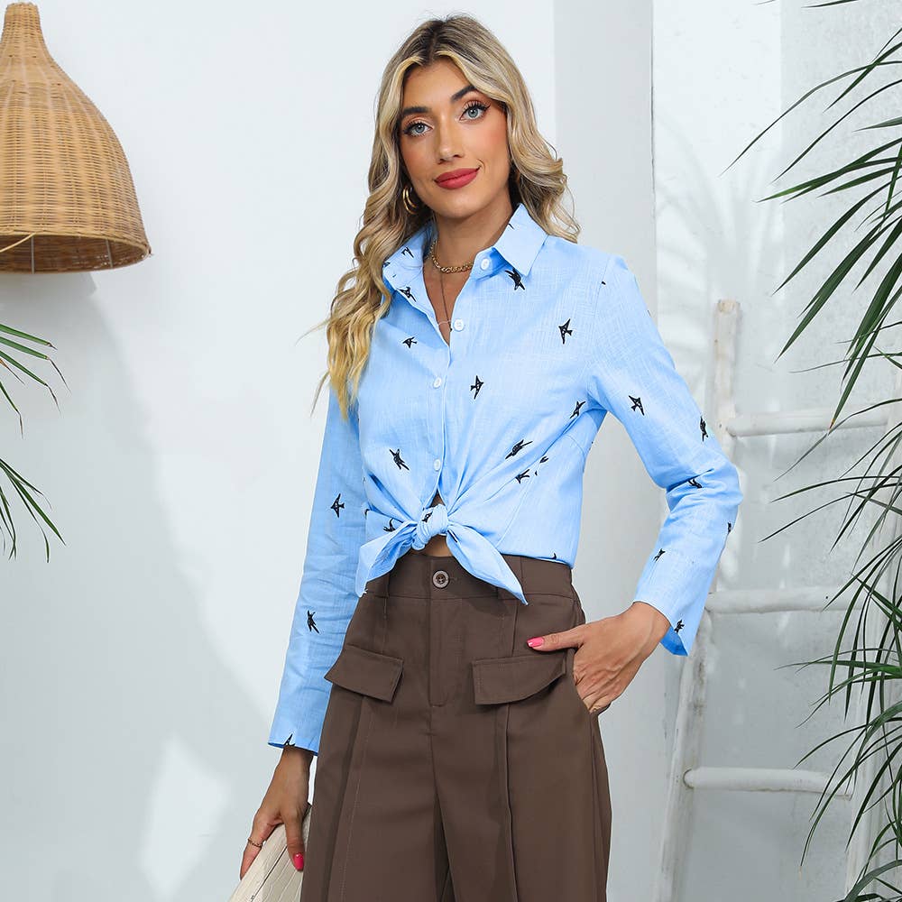 COTTON AND LINEN ANIMAL PRINT CASUAL LAPEL SHIRT