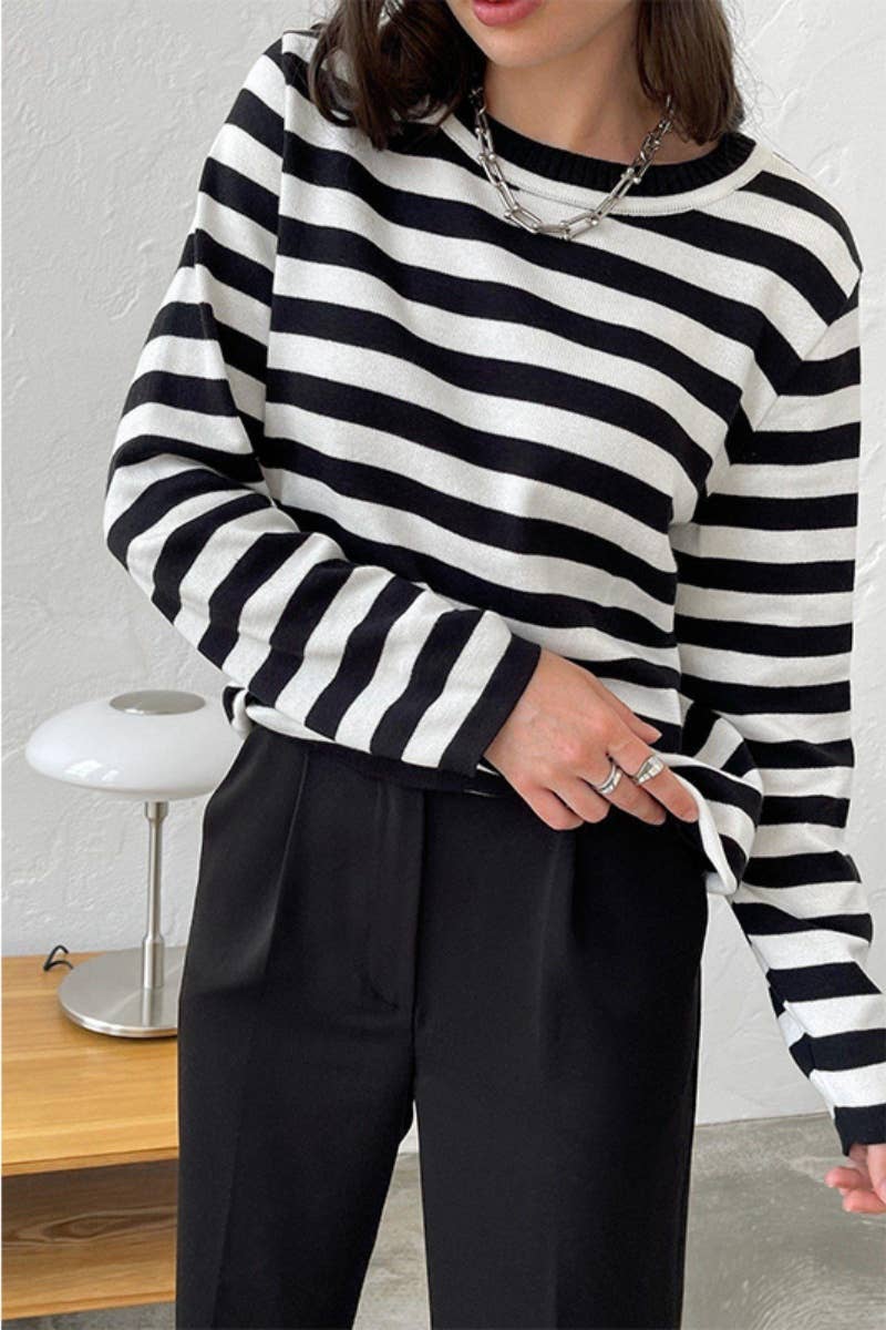 CWTBLL2962_CLASSIC CREW-NECK STRIPED LONG-SLEEVED SWEATER