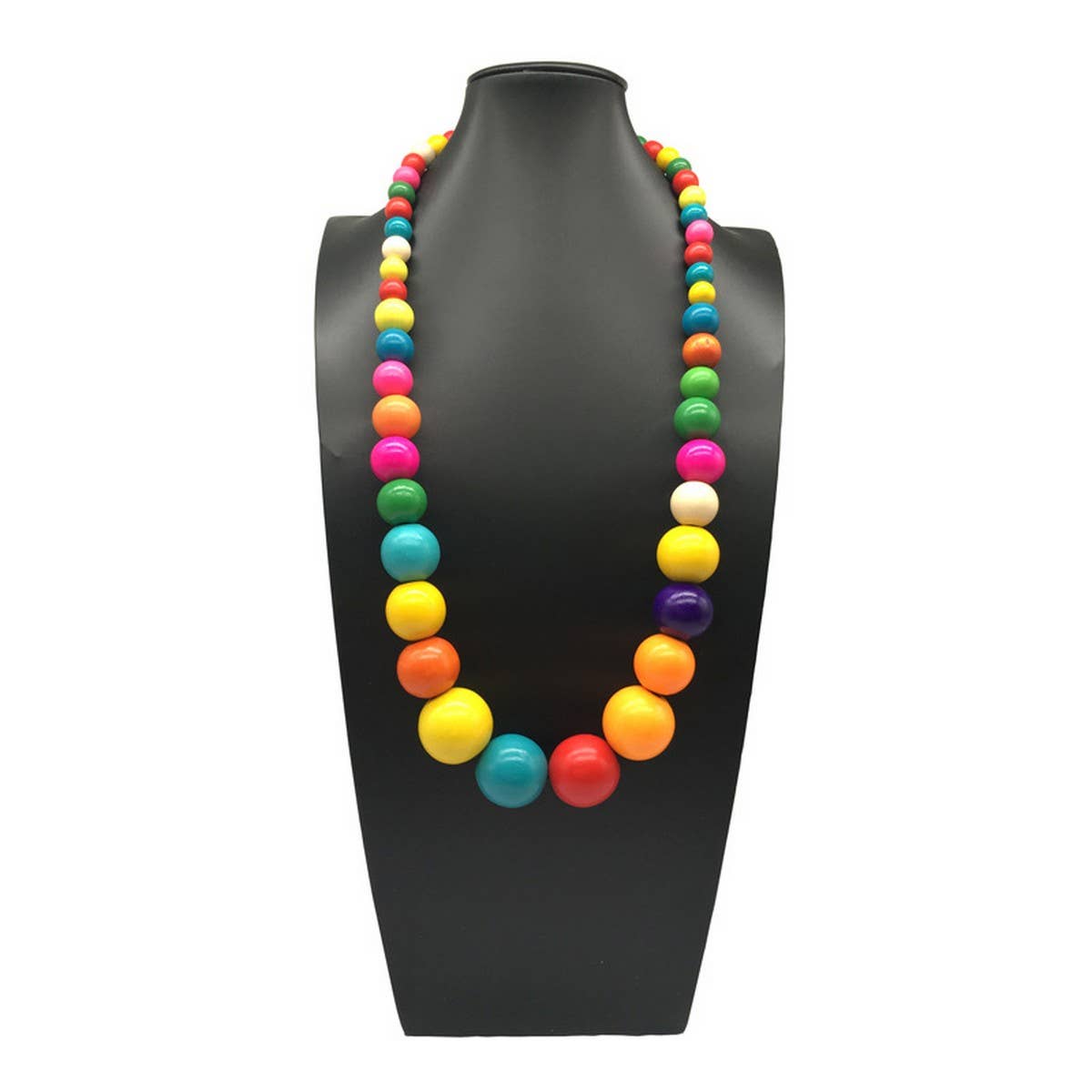 COLORFUL WOODEN LARGE ROUND BEAD LONG NECKLACE