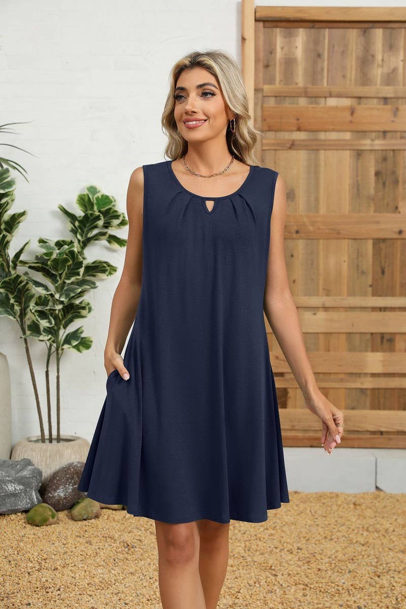 CWDSD10546_SUMMER ROUND NECK PLEATED SLEEVELESS POCKET DRESS