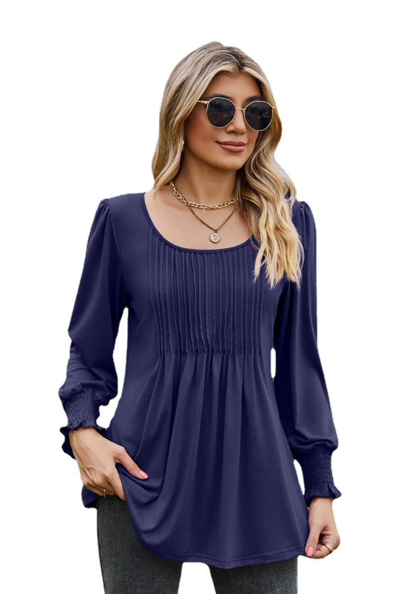 CWTBLL3687_NEW AUTUMN SOLID COLOR ROUND NECK DRAW CUFFS TOP