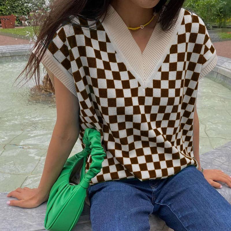 COLOR CONTRAST PLAID TEMPERAMENT V-NECK WOOL VEST