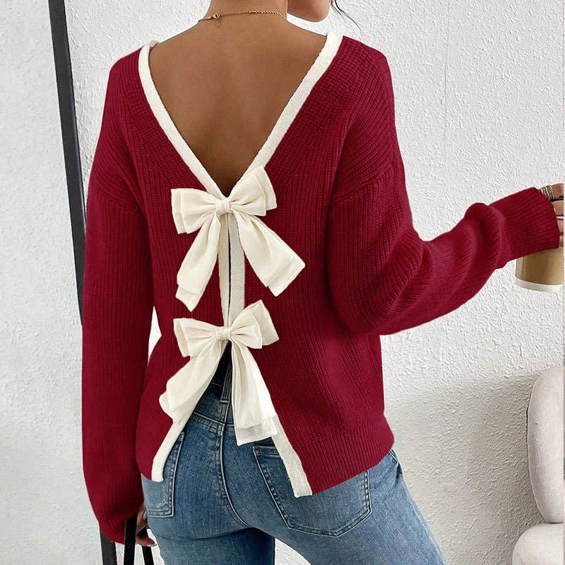 Back bow round collar sweater