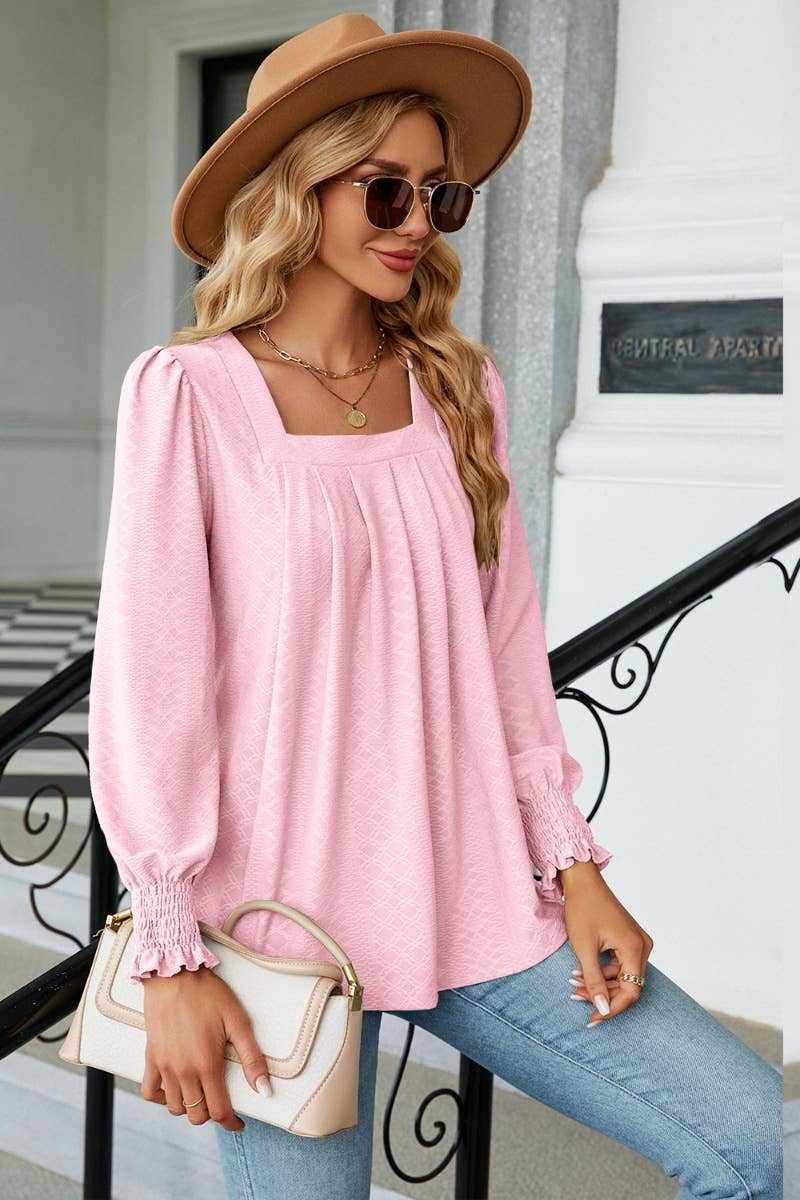 CWTBLL2936_SQUARE NECK JACQUARD PLEATED LONG-SLEEVED TOP