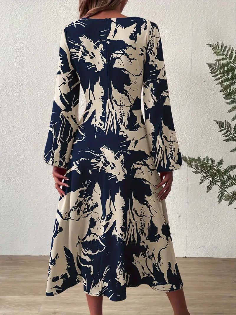 Cinched waist V-neck elegant printed long dress