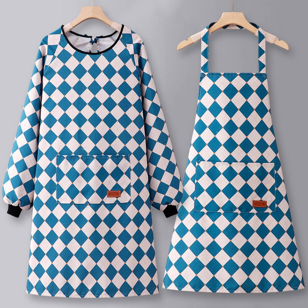 Checkered Cotton Long Sleeve Kitchen Work Apron _CWMM6693