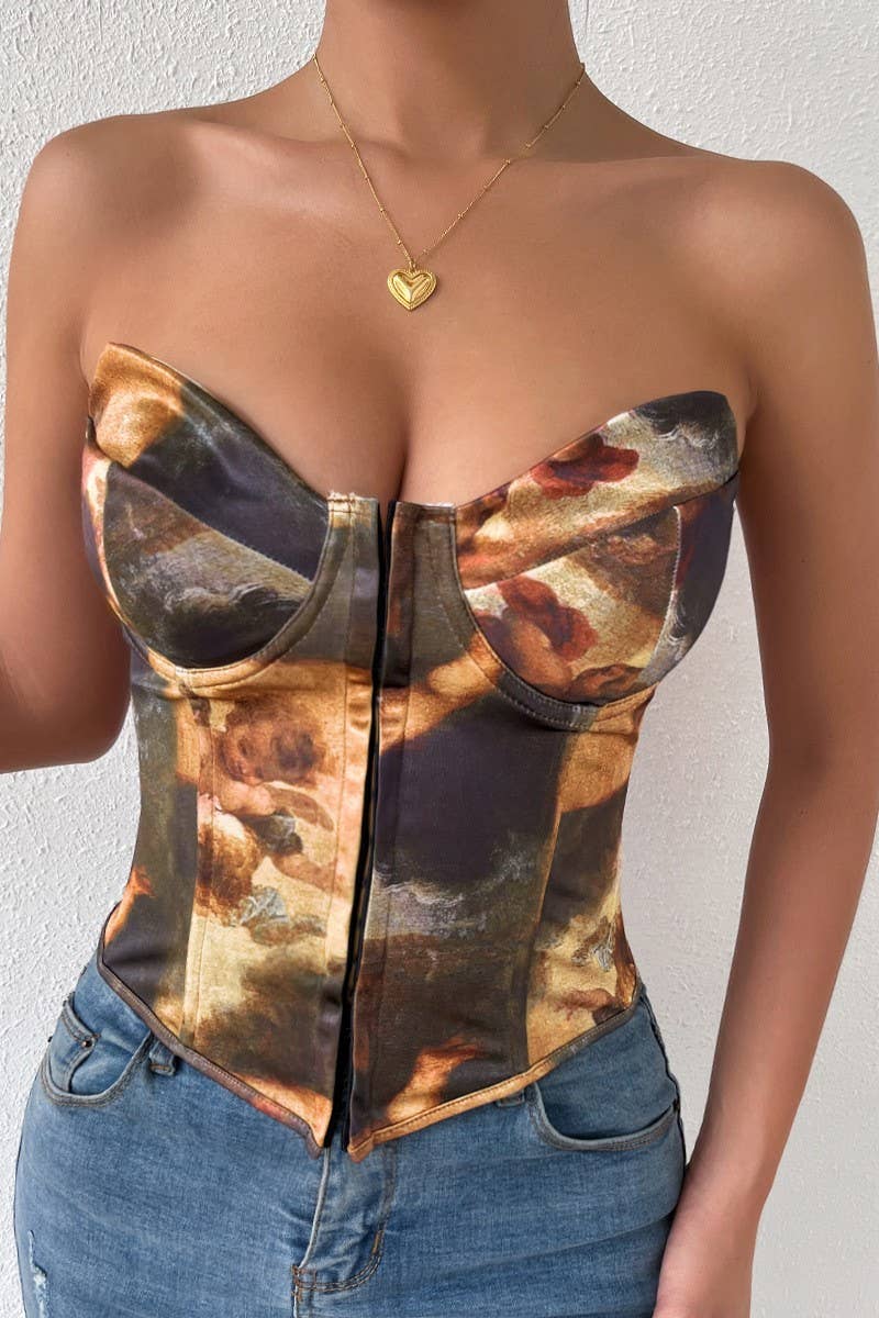 CWTTK0742_BACKLESS LACE-UP UNDERWIRED HERRINGBONE VEST TOP