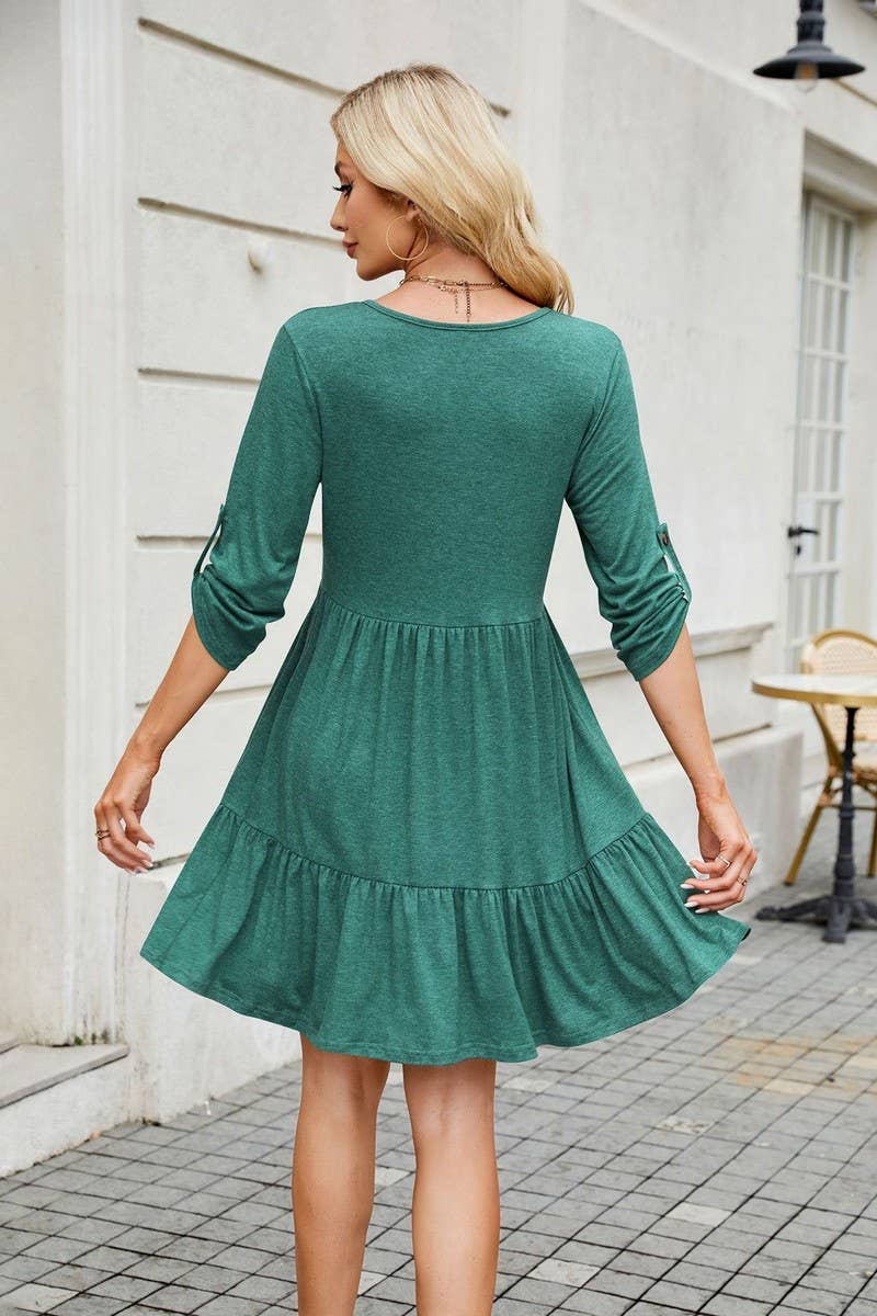 CWDSD8716_V-NECK LONG SLEEVE BUTTON FRONT LOOSE SOLID DRESS