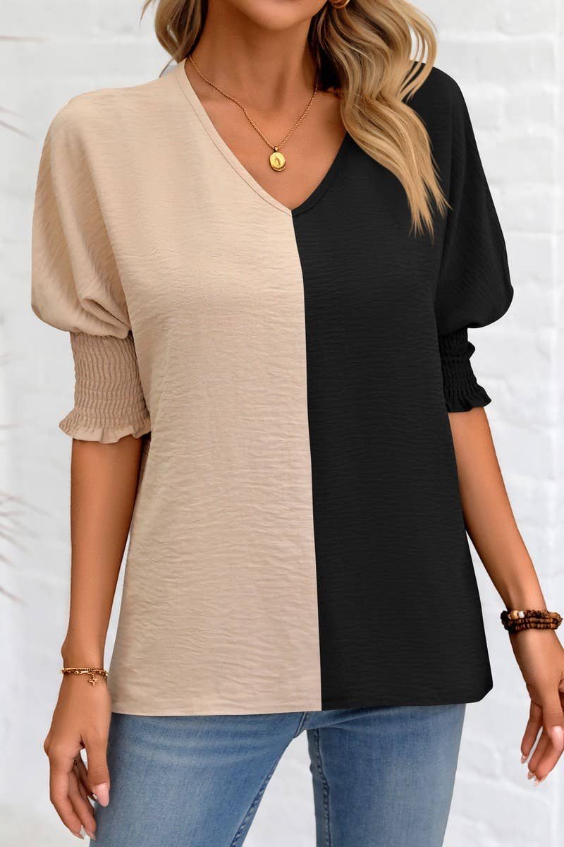 CWTBLS1501_COLORBLOCKED COLLAR LOOSE-FITTING BAT-SLEEVE TOP