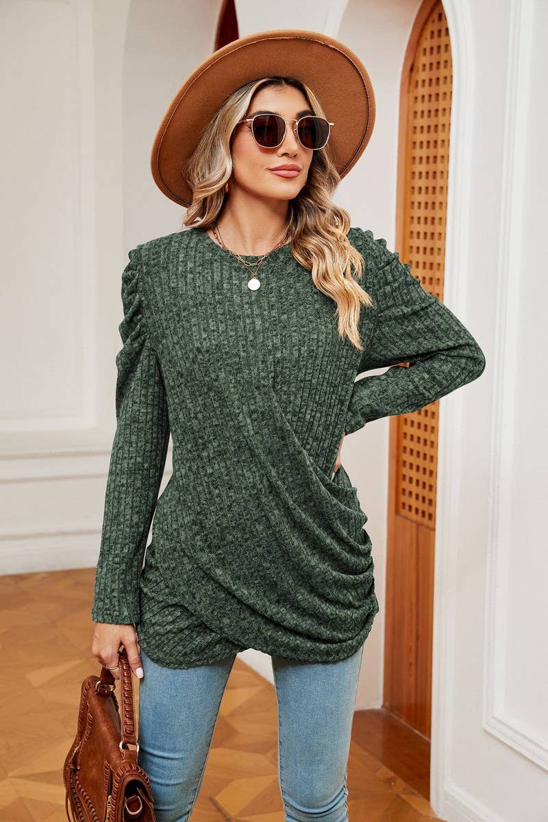 CWTBLL2403_ROUND NECK LONG SLEEVE TWISTED PUFF SLEEVE TOP
