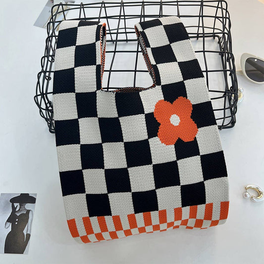 CUAB00622_CHECKERED KNIT SHOULDER BAG WOMEN WOVEN PURSE