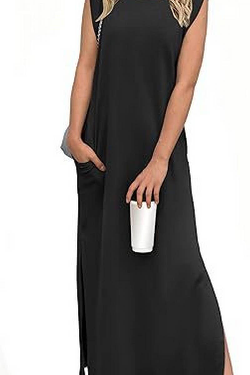 CWDMD5904_SLEEVELESS SPLIT HEM POCKET MAXI BEACH DRESS