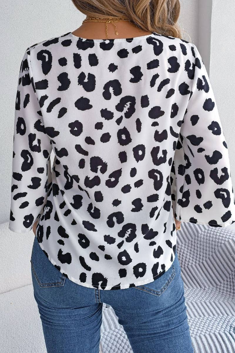 CWTSTL1203_CASUAL LEOPARD PRINT LACE-UP CHIFFON SHIRT TOP