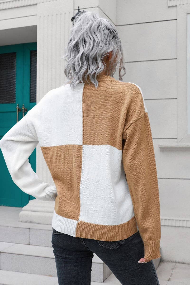 CWOSWL3892_CHECKERBOARD CREW NECK  KNIT PULLOVER SWEATER