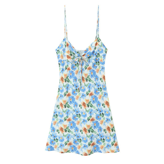 Daisy printed tie bow V-neck strappy long dress
