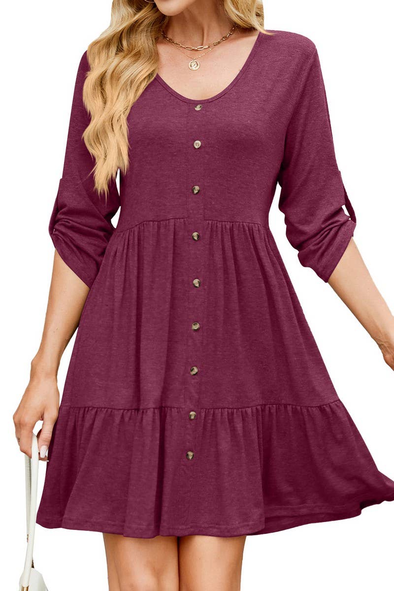 CWDSD8716_V-NECK LONG SLEEVE BUTTON FRONT LOOSE SOLID DRESS