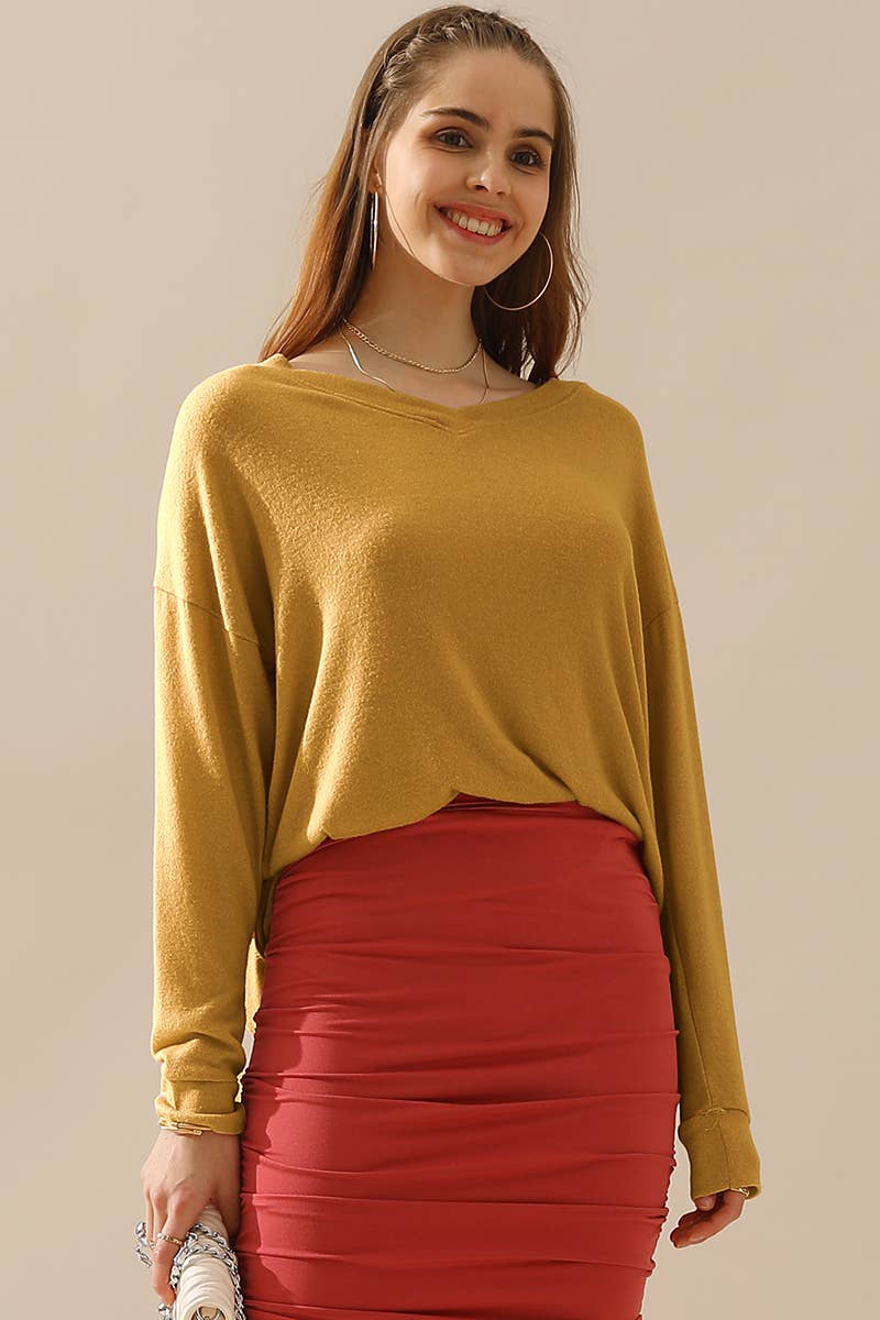CWTTL1408_Long Sleeve Loose V-Neck Pullover Top