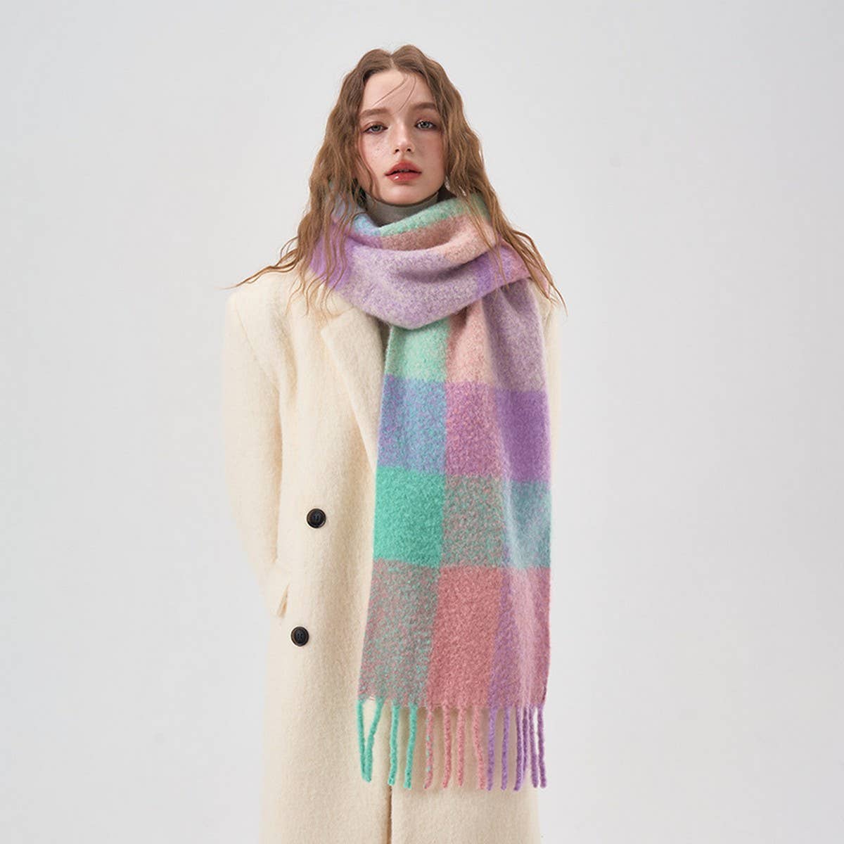 32% Wool Colorblock Plaid Scarf - Soft & Warm_CWASC2365