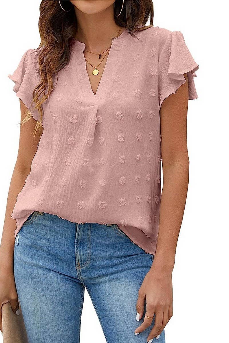 CWTBLS0606_V-NECK RUFFLED SLEEVE CHIFFON SHORT-SLEEVED TOP