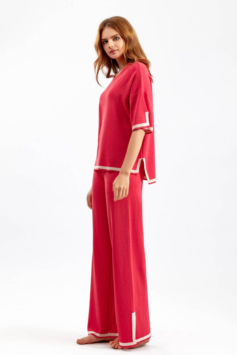 CWSTB00422_COLORBLOCK KNIT TOP & HIGH WAIST WIDE LEG SET