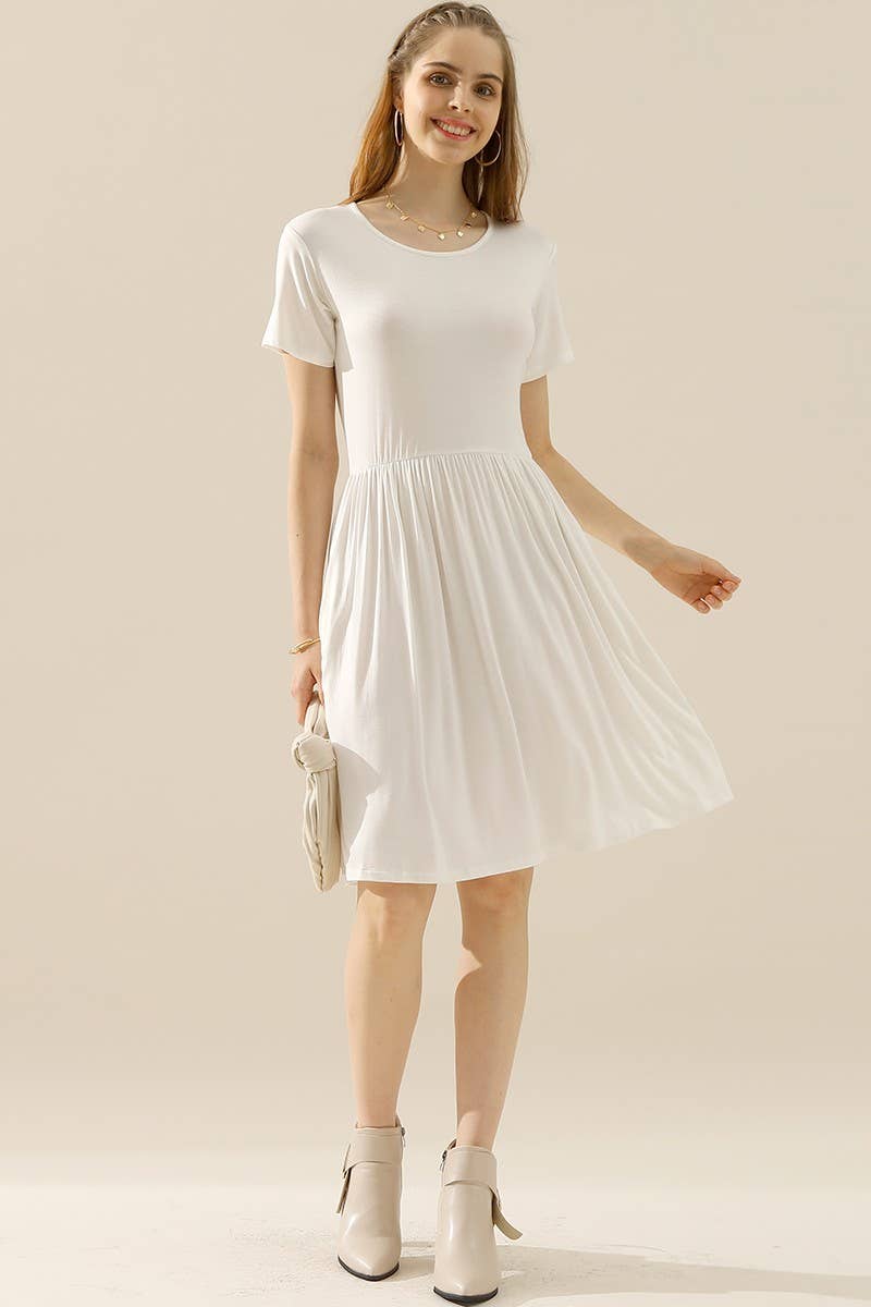 CWDSD10374_CREWNECK SHIRRED FLOWY SWING SHORT SLEEVE DRESSES