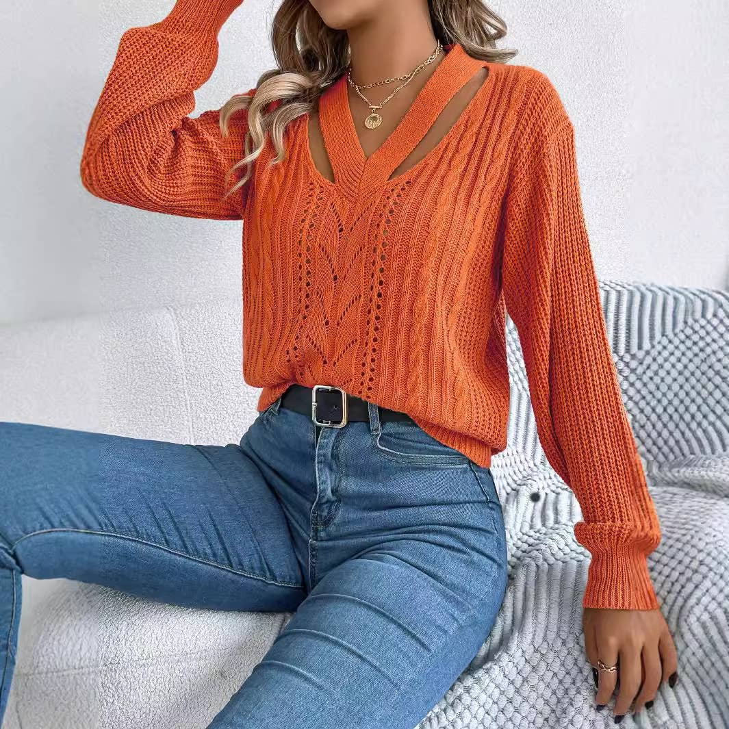CASUAL CUTOUT V-NECK TWIST PULLOVER SWEATER