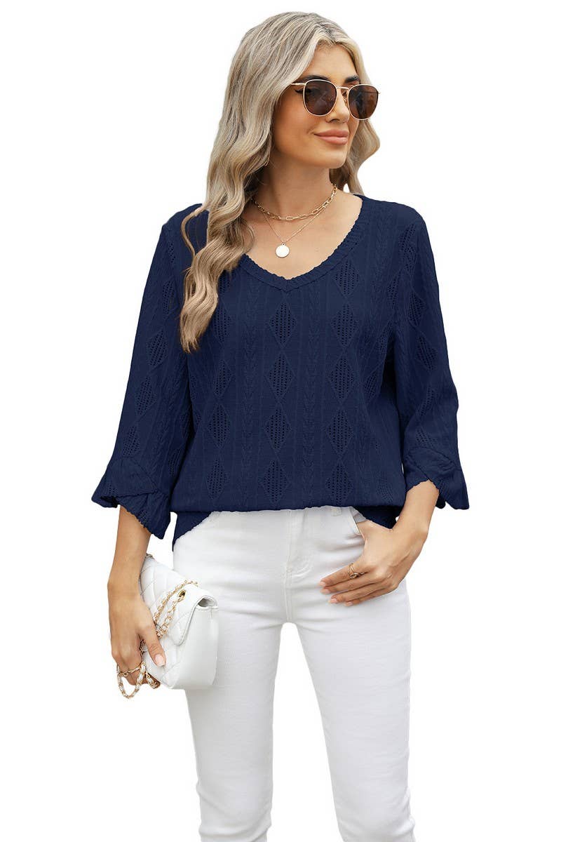 CWTBLL3672_V-NECK DIAMOND CHECK HOLLOW TRUMPET SLEEVE TOP