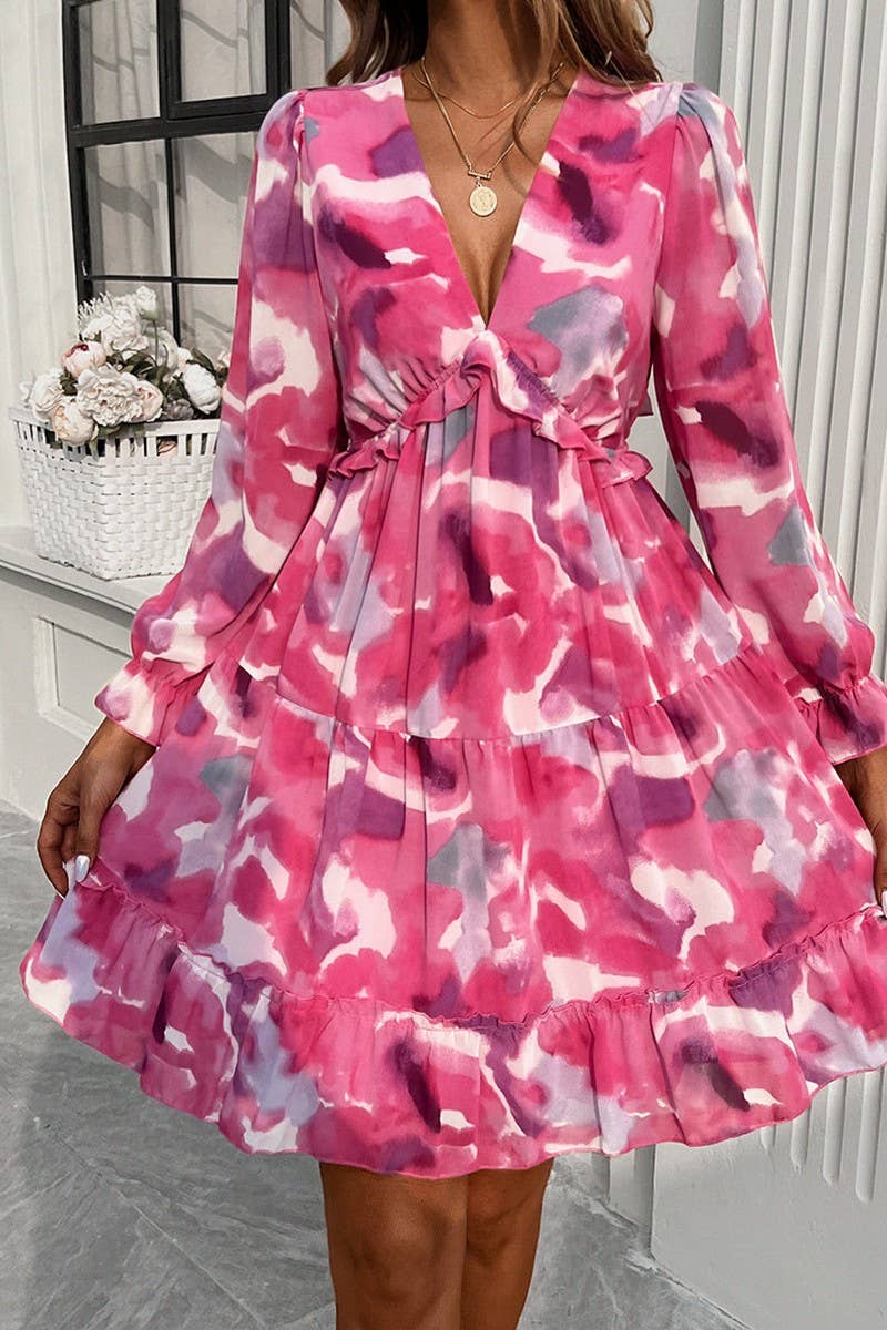 CWDSD7137_ELEGANT PRINTED V NECK LONG SLEEVE DRESS