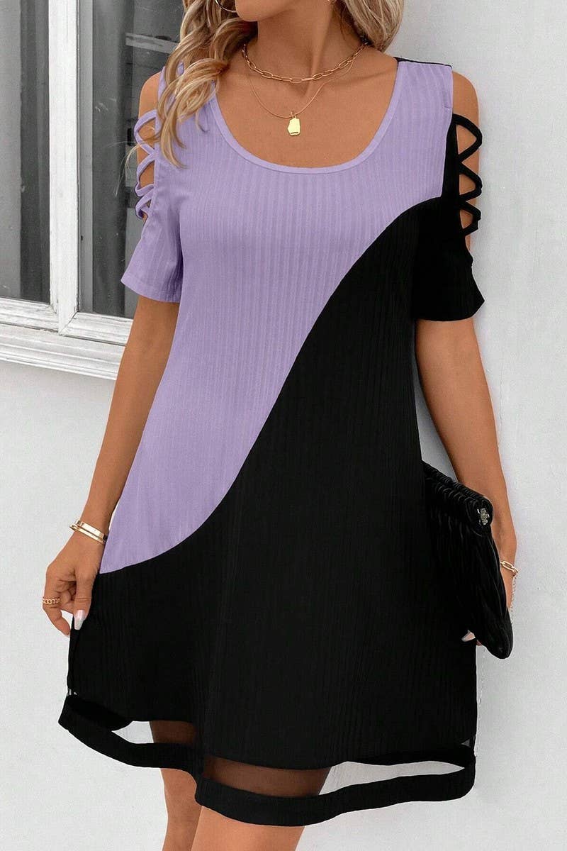 CWDSD7555_TEMPERAMENT COLOR MATCHING HOLLOW MESH DRESS