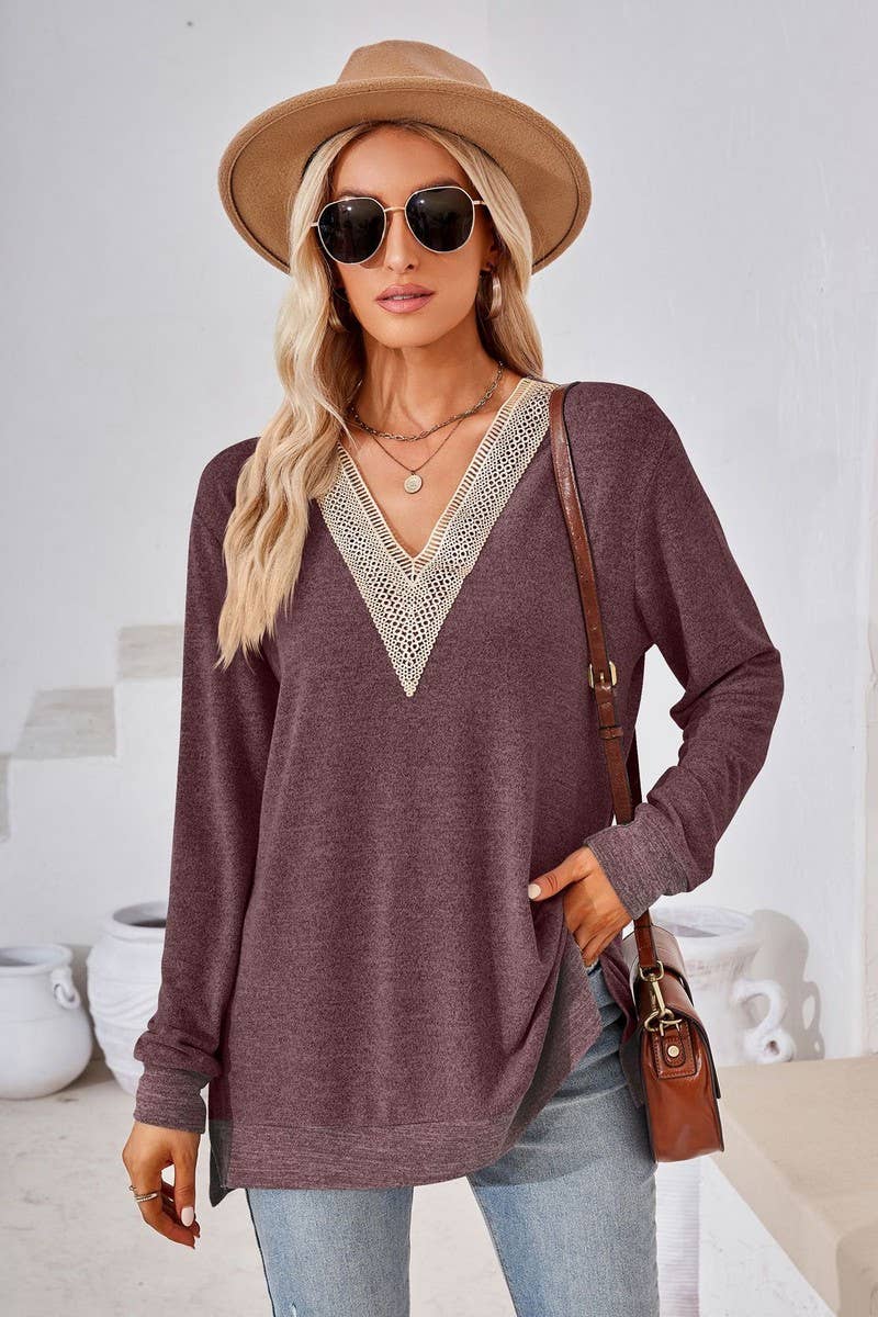 CWTBLL3660_AUTUMN NEW V-NECK LACE SOLID COLOR LOOSE T-SHIRT
