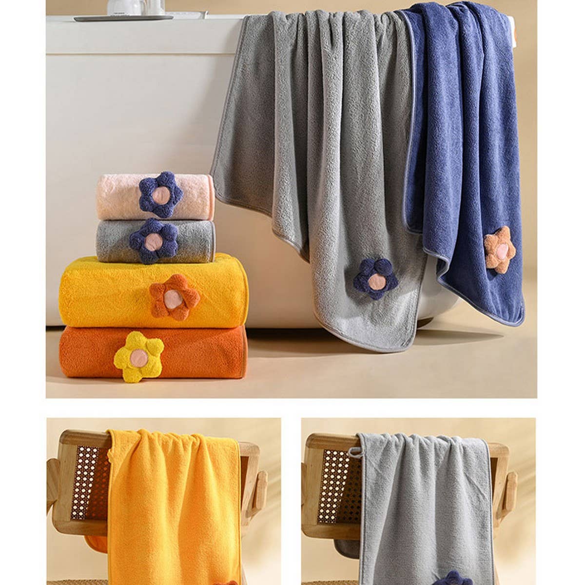 CORAL FLEECE FLOWER SQUARE TOWEL BATH TOWEL SET
