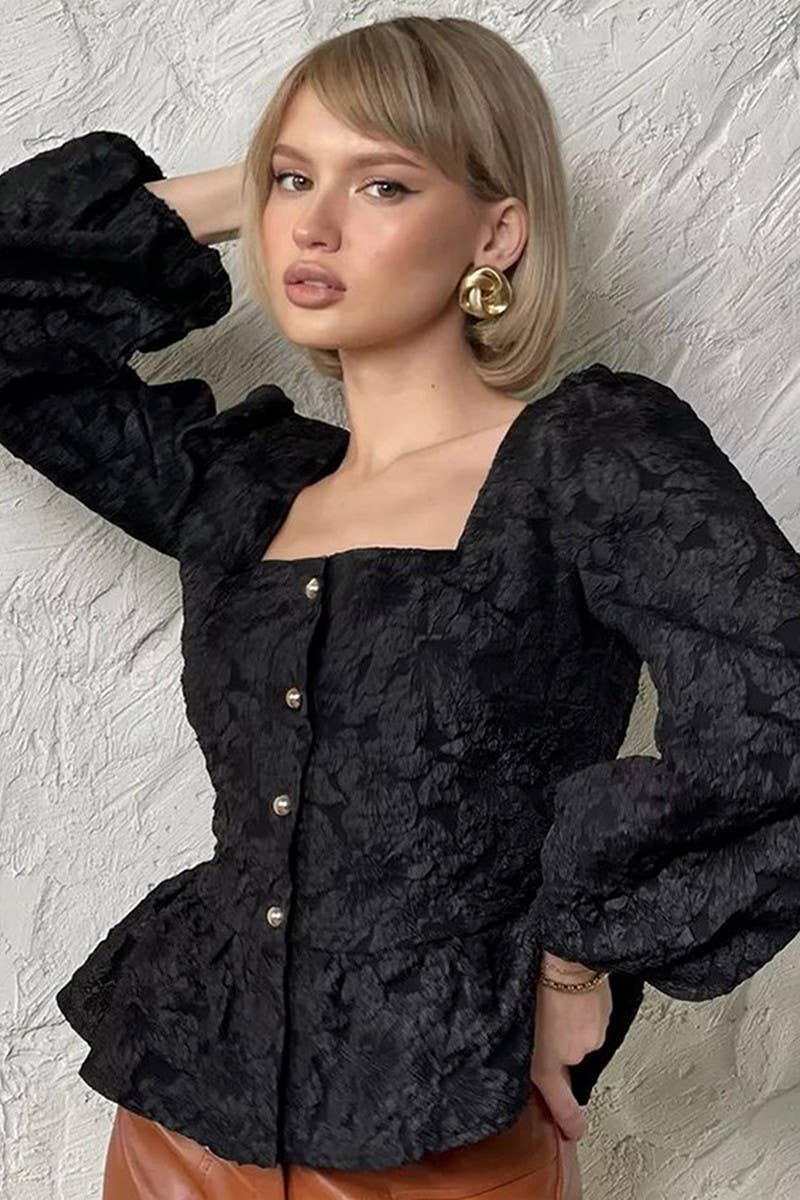 CWTBLL558_SQUARE NECK JACQUARD PUFF SLEEVE SHIRT