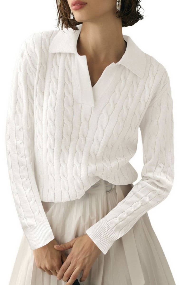 CWOSWL6382_SOLID COLOR LAPEL V-NECK CABLE KNIT PULLOVER