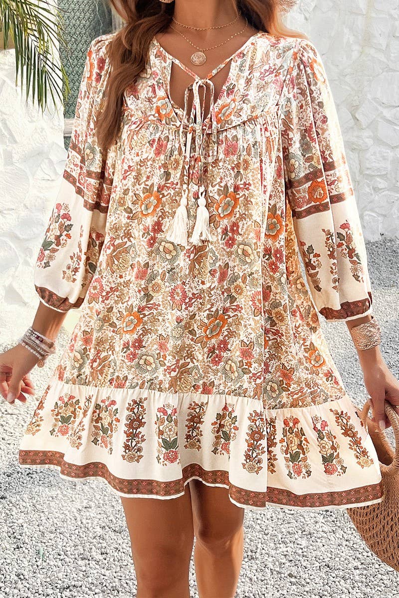 CWDSD8924_SPRING AND SUMMER V-NECK LACE-UP PRINT DRESS