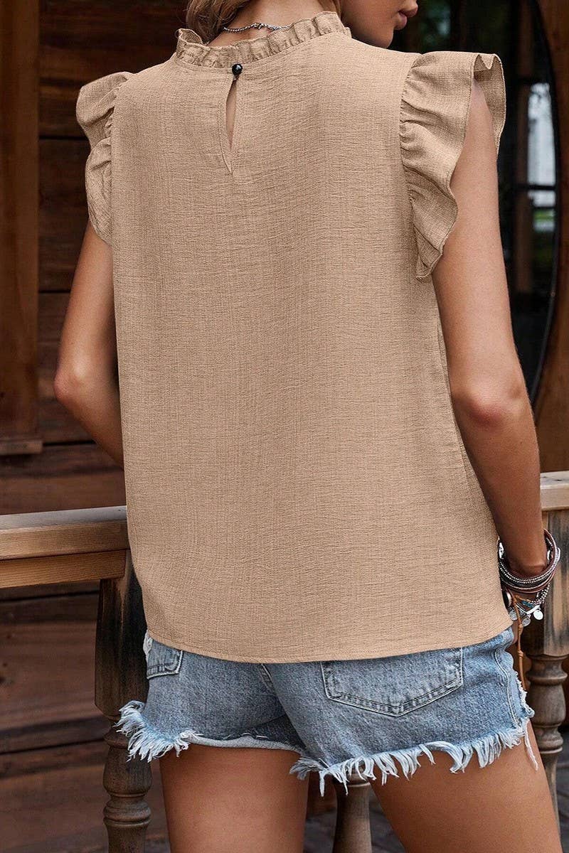 CWTBLSL0634_RUFFLE SLEEVE PLEATED SHORT SLEEVE TOP