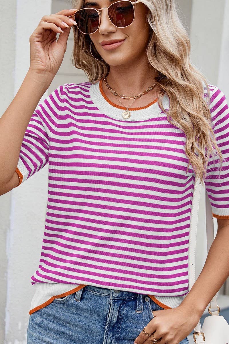 CWTBLS02495_STRIPED KNITTED ICE SILK SHORT-SLEEVED TOP