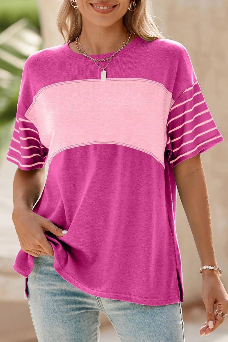 CWTTS1392_ROUND NECK CASUAL STRIPED CONTRAST COLOR T-SHIRT