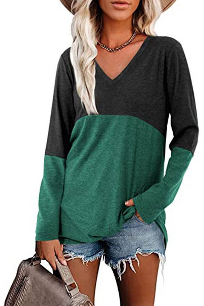 CWTBLL3689_CONTRAST COLOR V-NECK LONG-SLEEVED LOOSE TOP