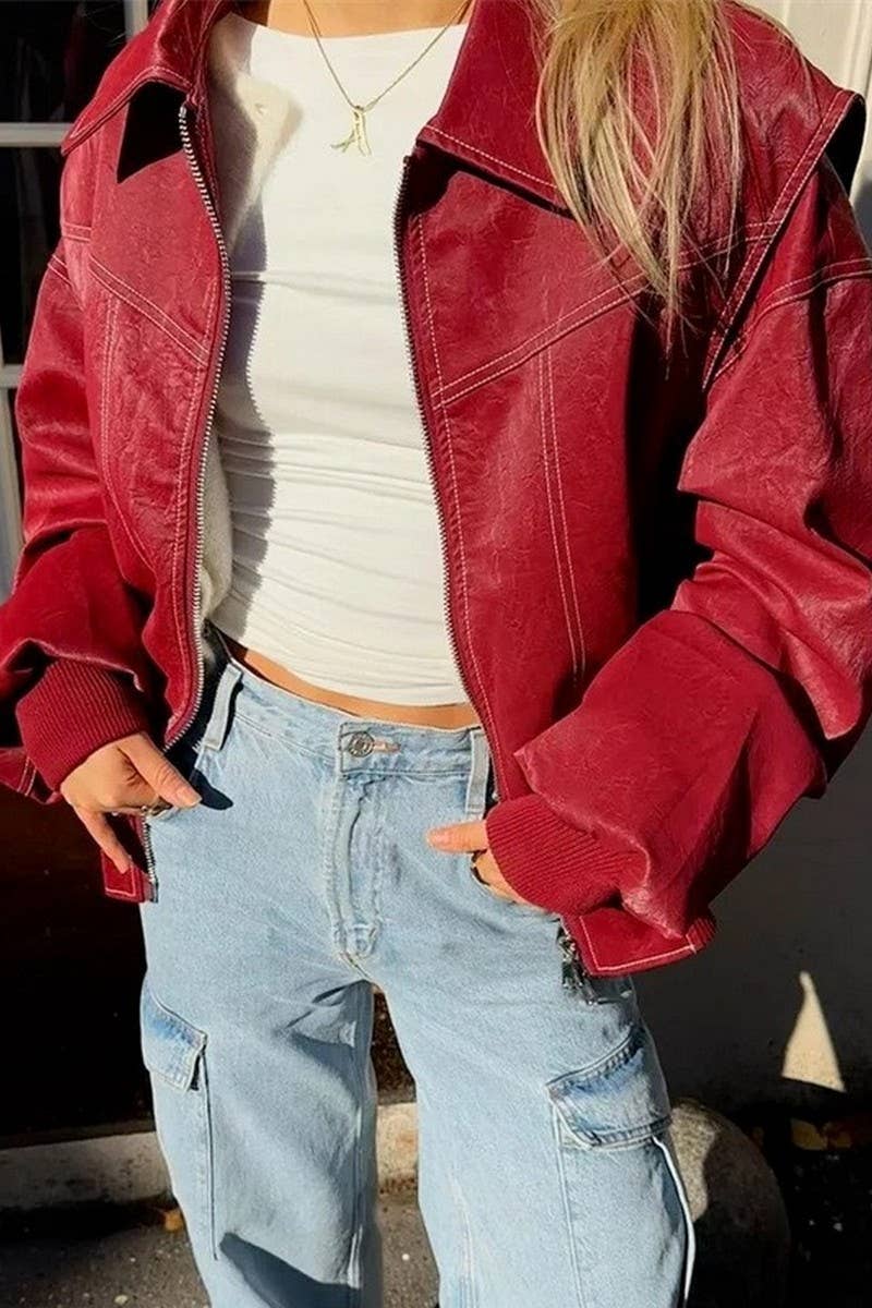 CWOJA0863_SOLID LOOSE FIT ZIP-UP MOTORCYCLE JACKET