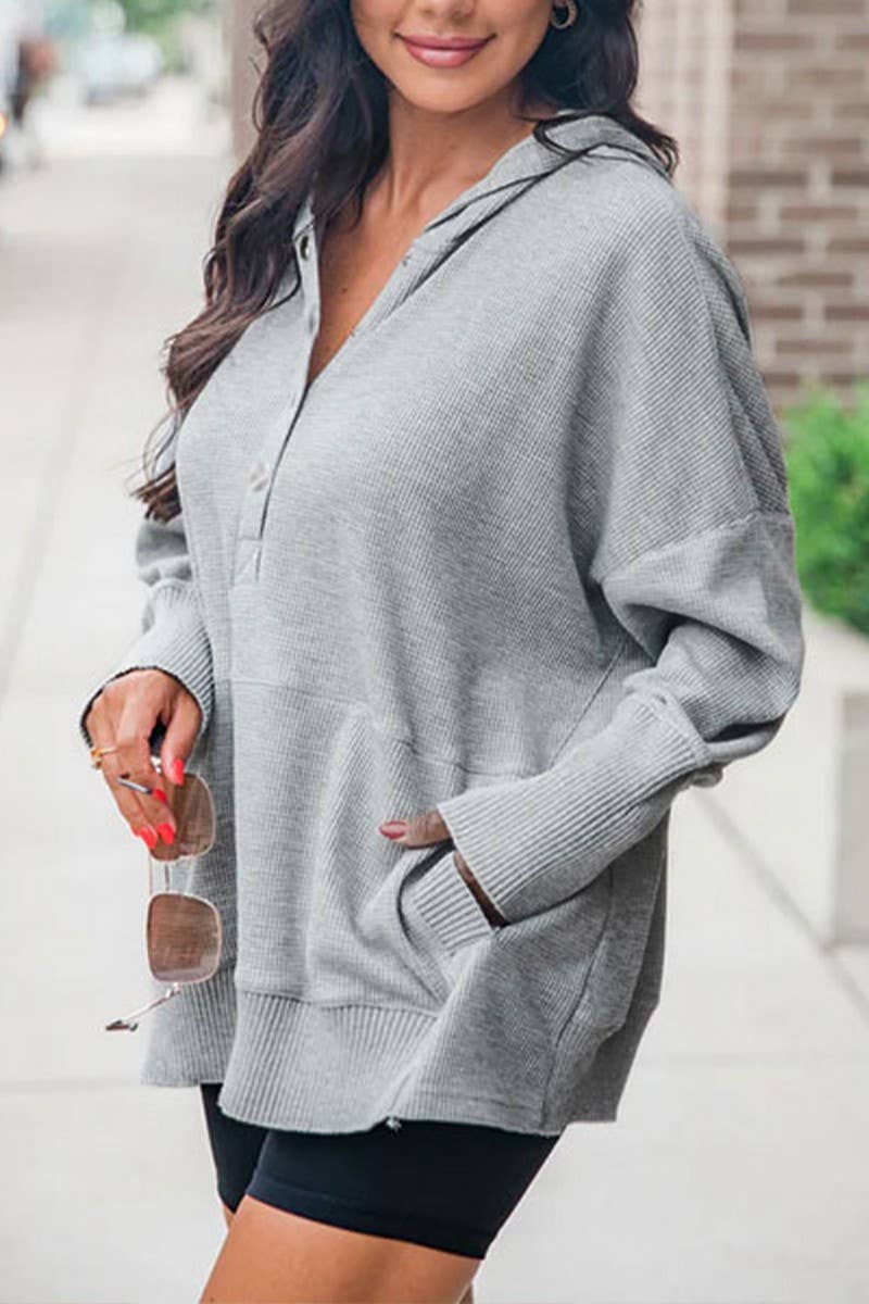 CWOHOL1102_V-NECK SOLID COLOR CASUAL HOODED SWEATSHIRT