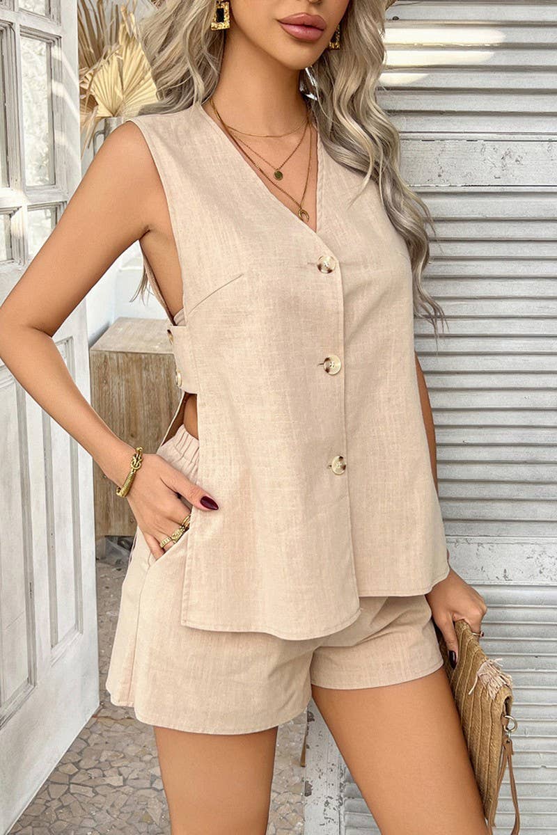 CWSS1192_CASUAL HOLIDAY STYLE SOLID COLOR VEST SHORTS SUIT