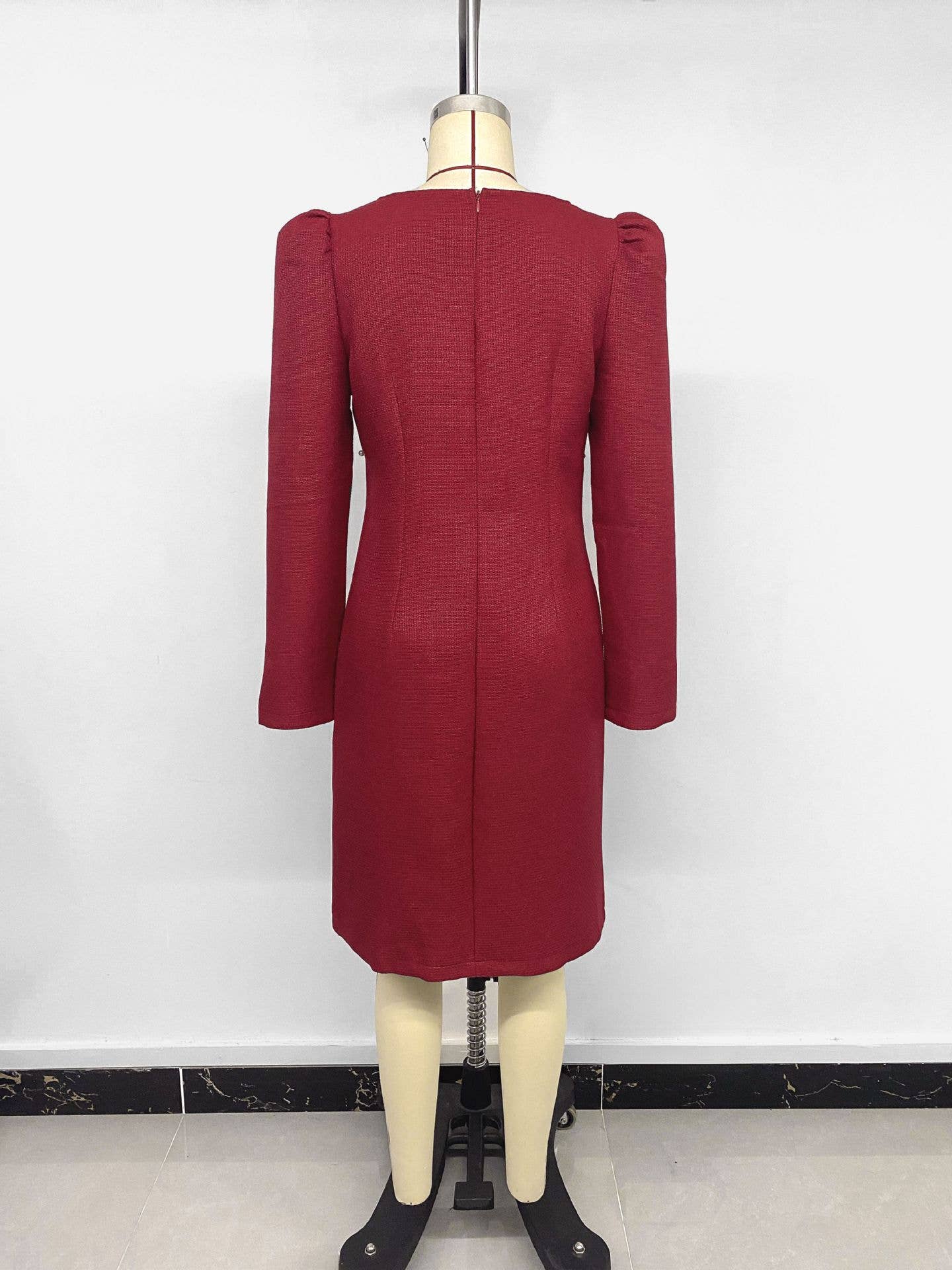 Bow pearl deep V-neck long-sleeved dress