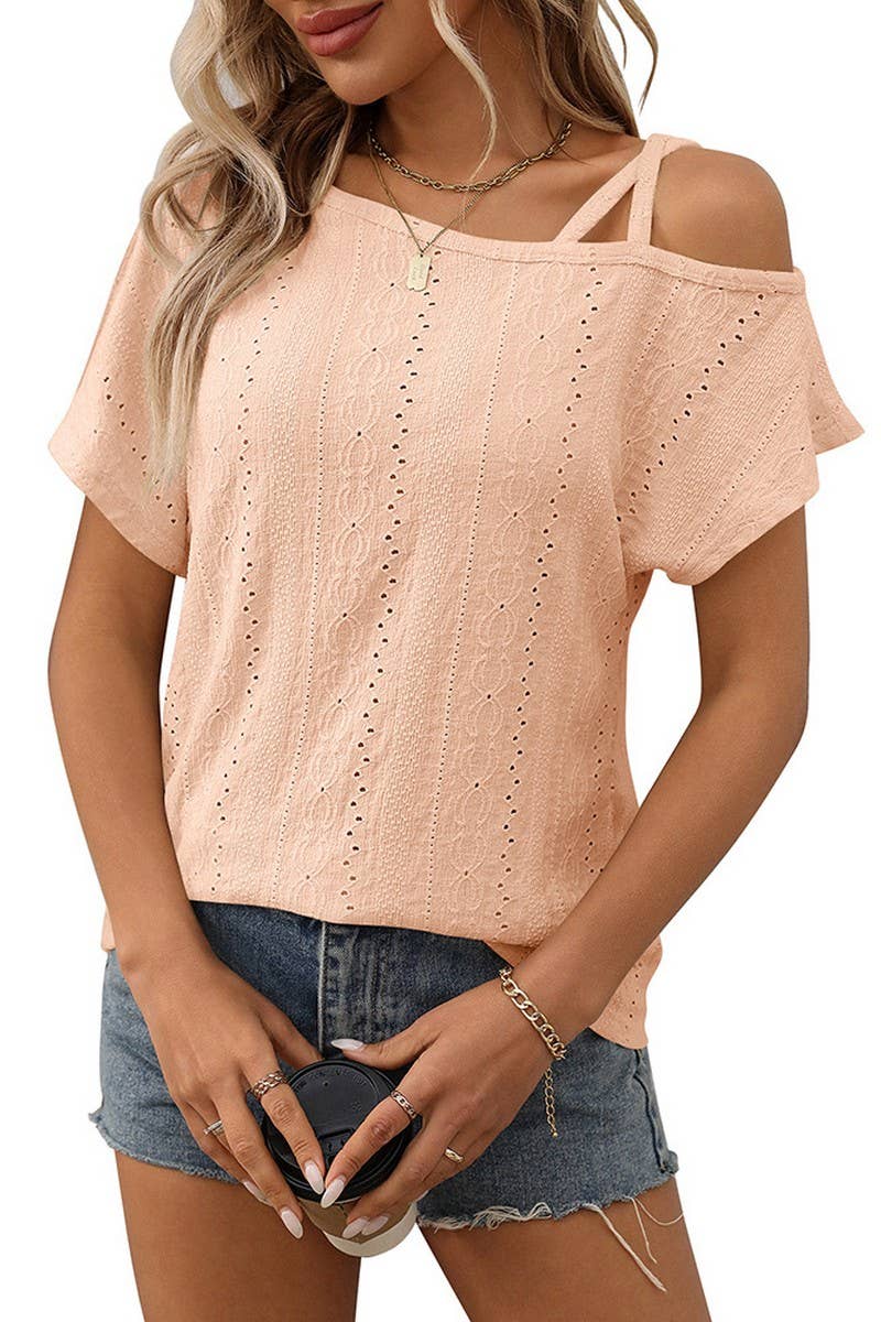 CWTBLS1717_SOLID COLOR ONE SHOULDER HOLLOW SHORT SLEEVE TOP