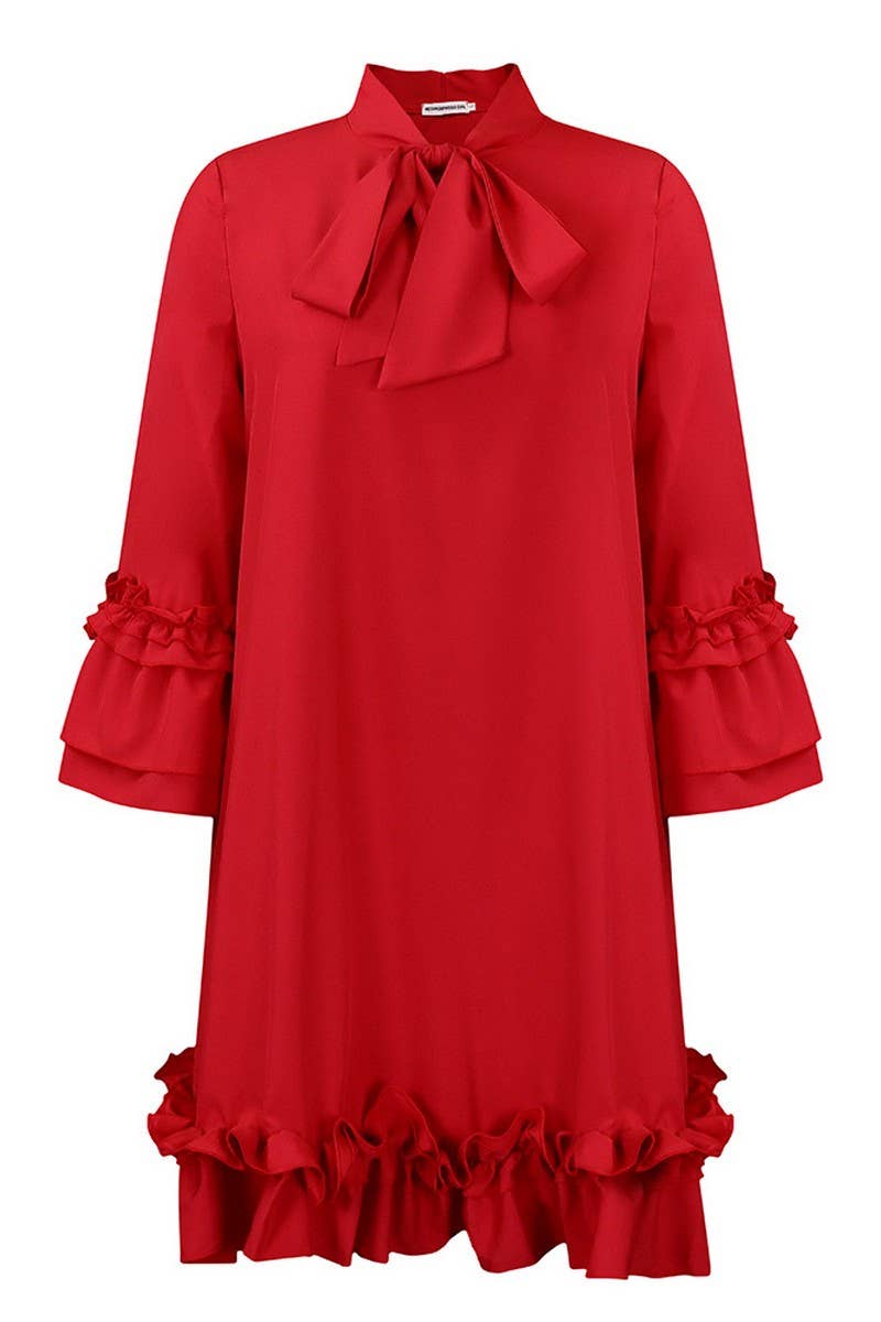 CWDSD10890_2025 PLUS SIZE WOMEN RUFFLE SLEEVE TIE WAIST DRES