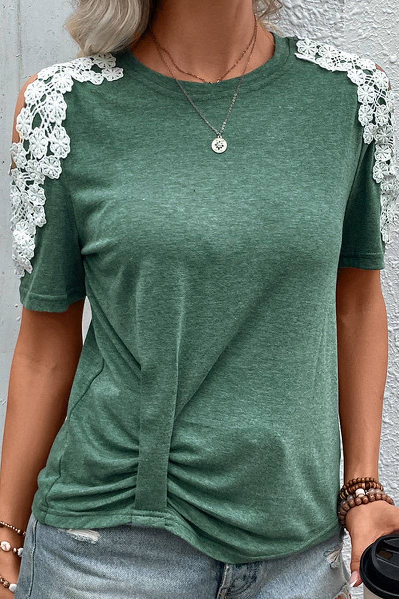 CWTBLS1636_SUMMER NEW BASIC SIMPLE LACE STITCHING T-SHIRT