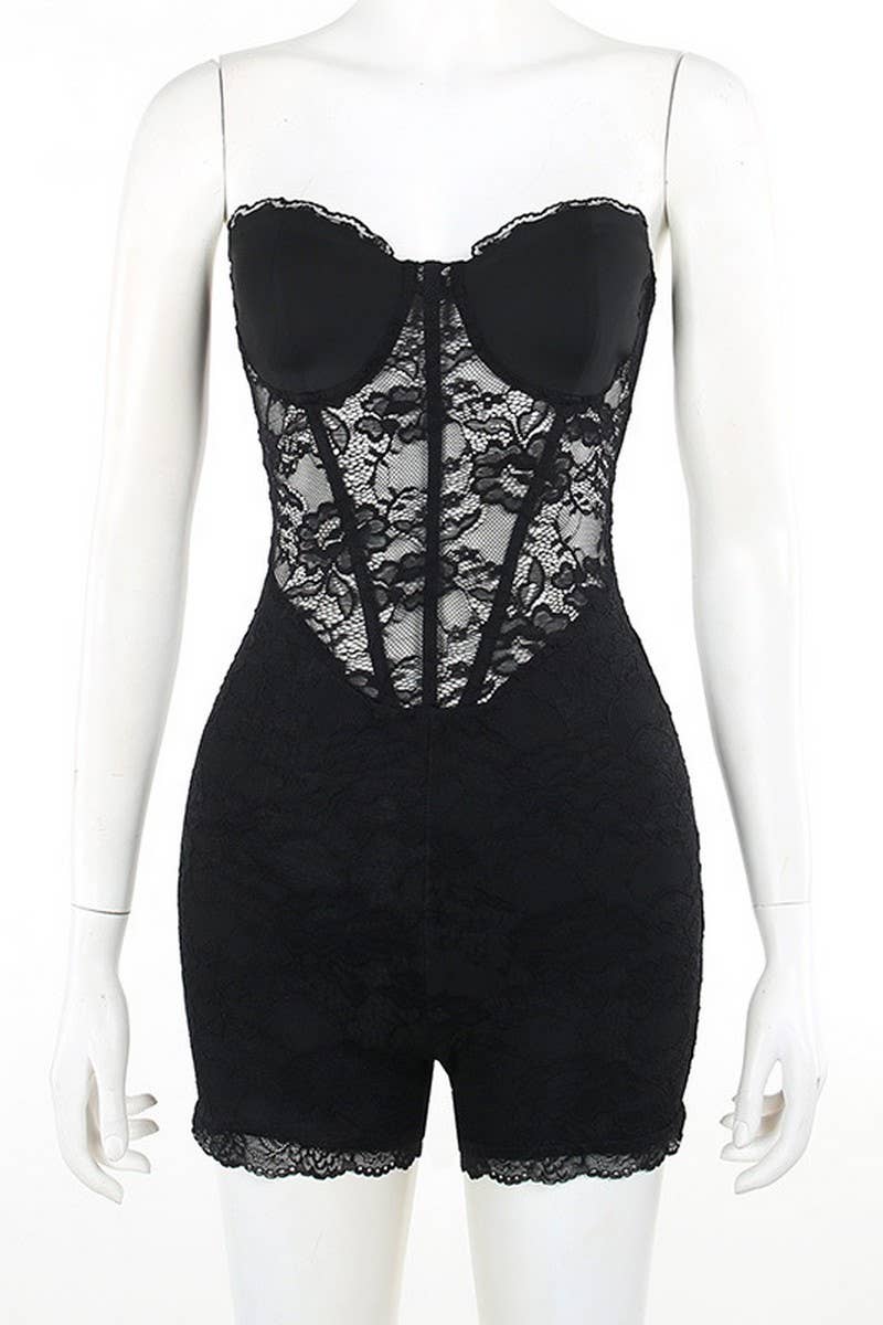 CWSJS1292_SEXY SLIM TUBE TOP LOTUS LACE JUMPSUIT SHORTS