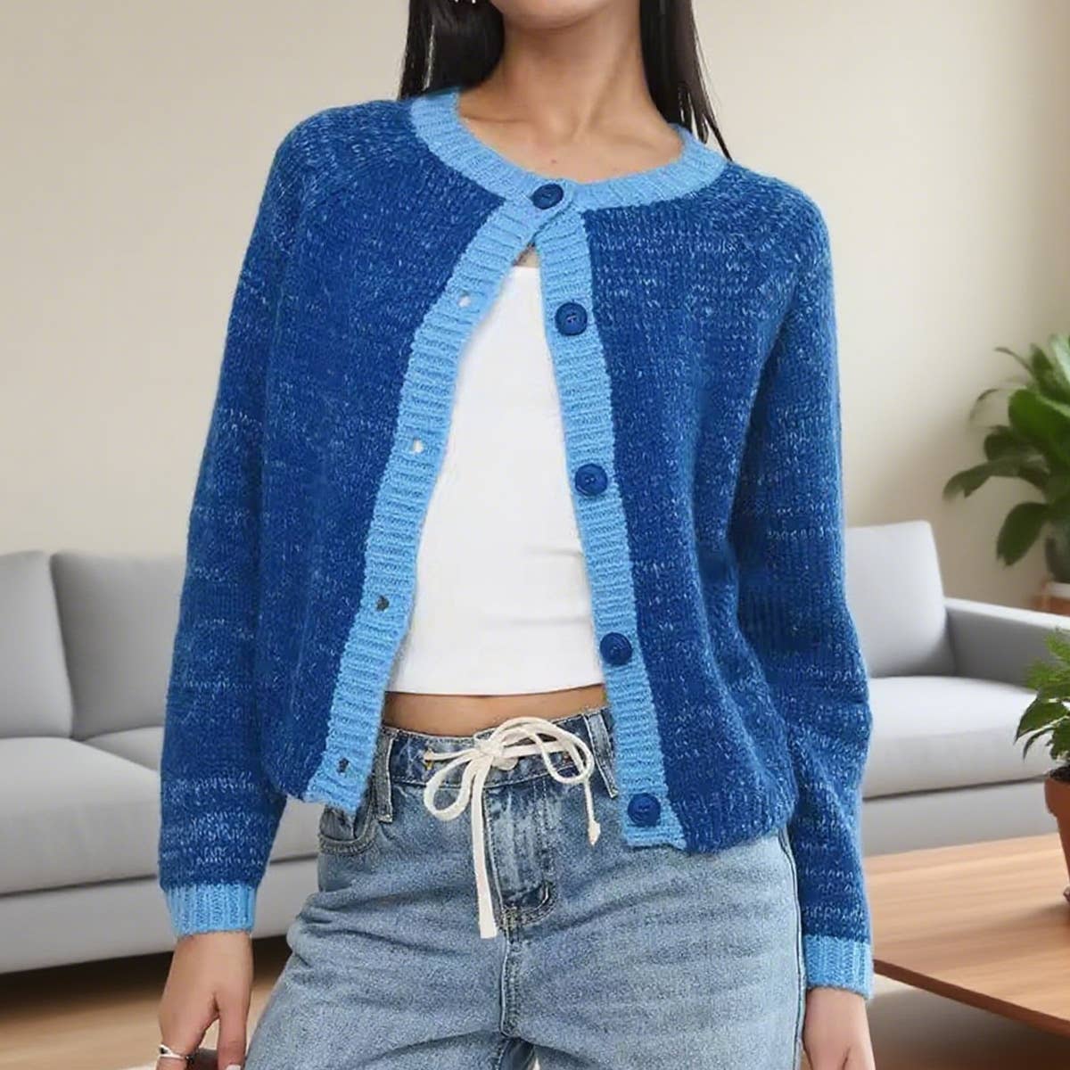 Color-blocking single-breasted loose cardigan