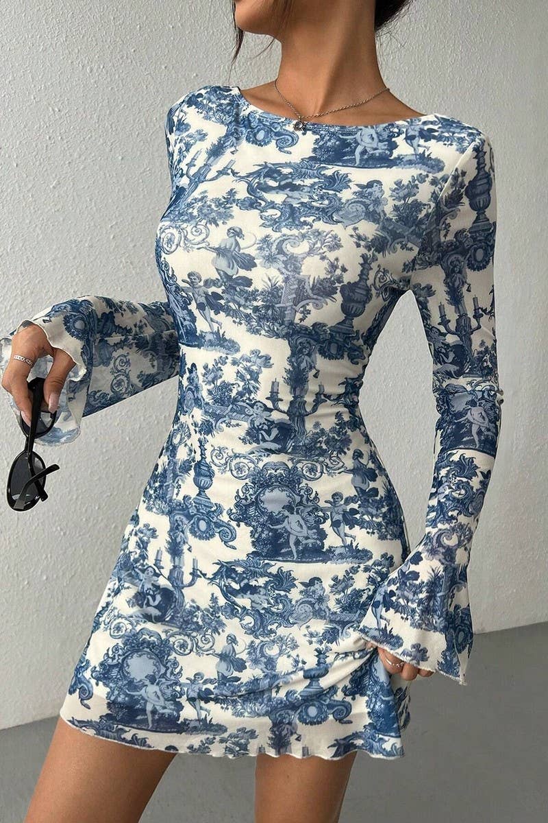 CWDSD8266_PRINTED BELL SLEEVE OPEN BACK MESH DRESS